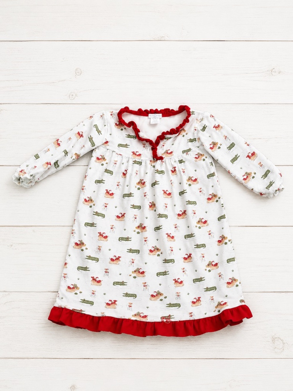 Girls' White Nightgown with Red Ruffle Trim and Cajun Holiday Print